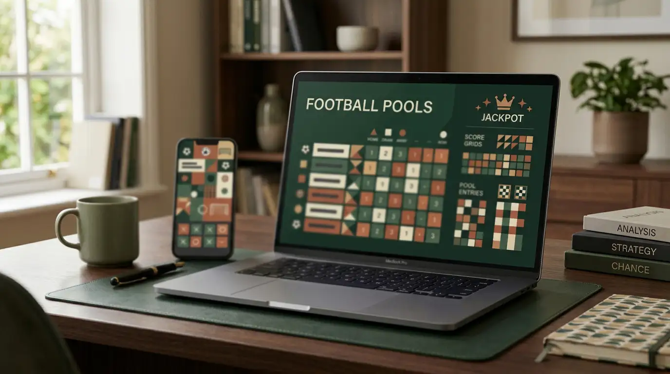 Editorial illustration of a modern UK football-pools and jackpot experience on desktop and mobile