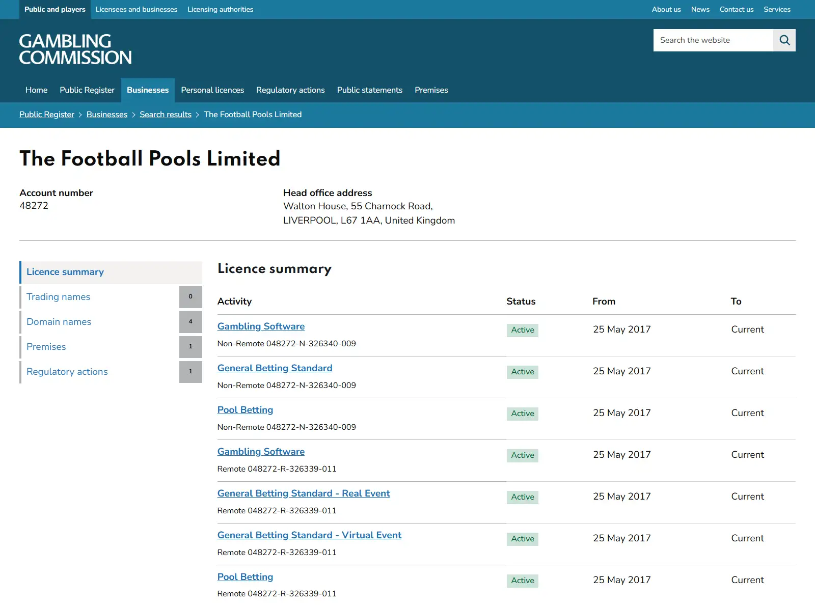 Gambling Commission public-register entry for The Football Pools Limited account 48272