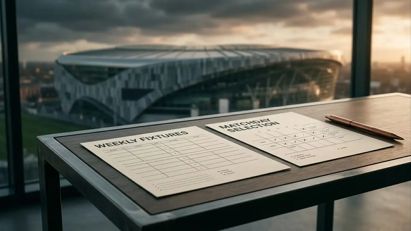 Restrained editorial illustration of UK football fixtures, prediction grids and a jackpot concept