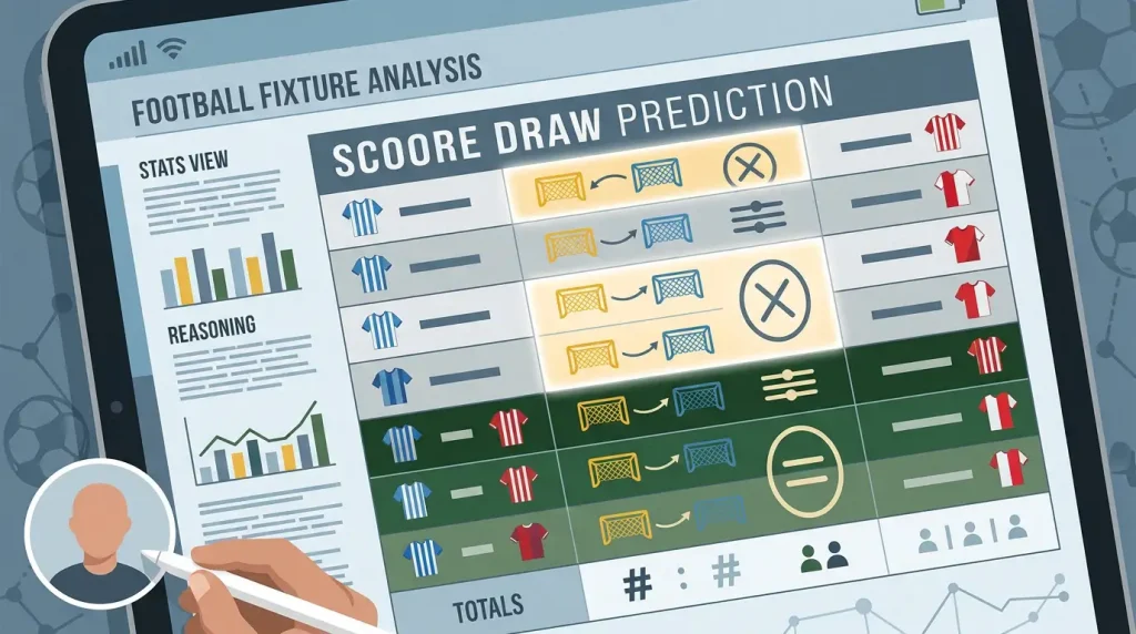 Editorial football fixture grid with several score-draw prediction marks and no branded interface