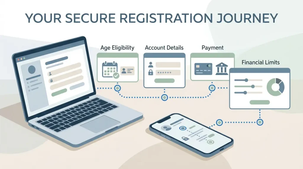 Editorial illustration of a responsible online account setup with identity, payment and financial-limit checkpoints