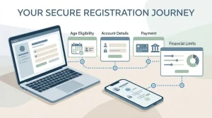 Editorial illustration of a responsible online account setup with identity, payment and financial-limit checkpoints