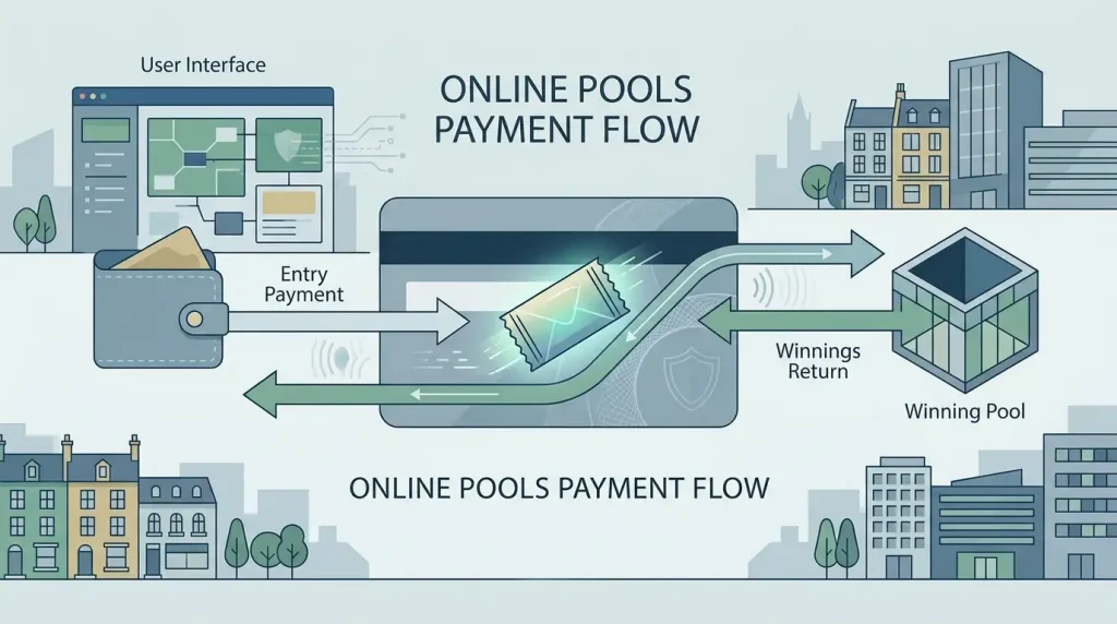 Editorial illustration of a secure UK game-entry payment flowing back through the same neutral payment route after a win