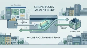 Editorial illustration of a secure UK game-entry payment flowing back through the same neutral payment route after a win