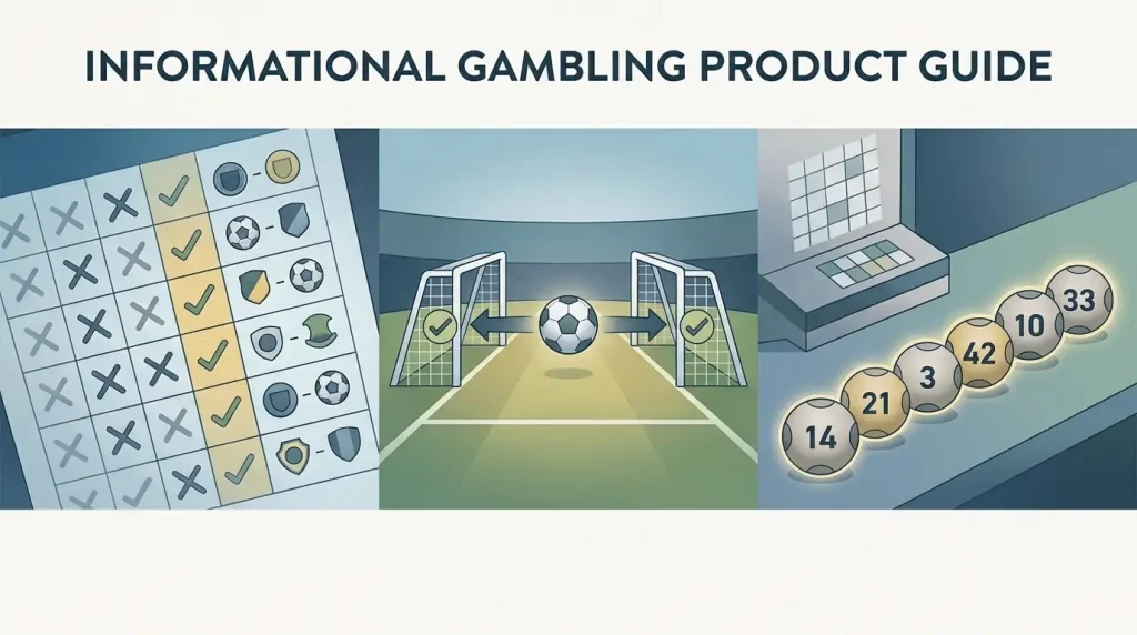 Editorial three-panel illustration representing Classic Pools, Goal Rush and Lucky Clover without branded interfaces