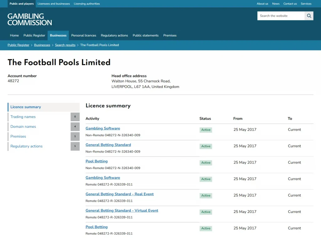 UK Gambling Commission public register entry for The Football Pools Limited account 48272